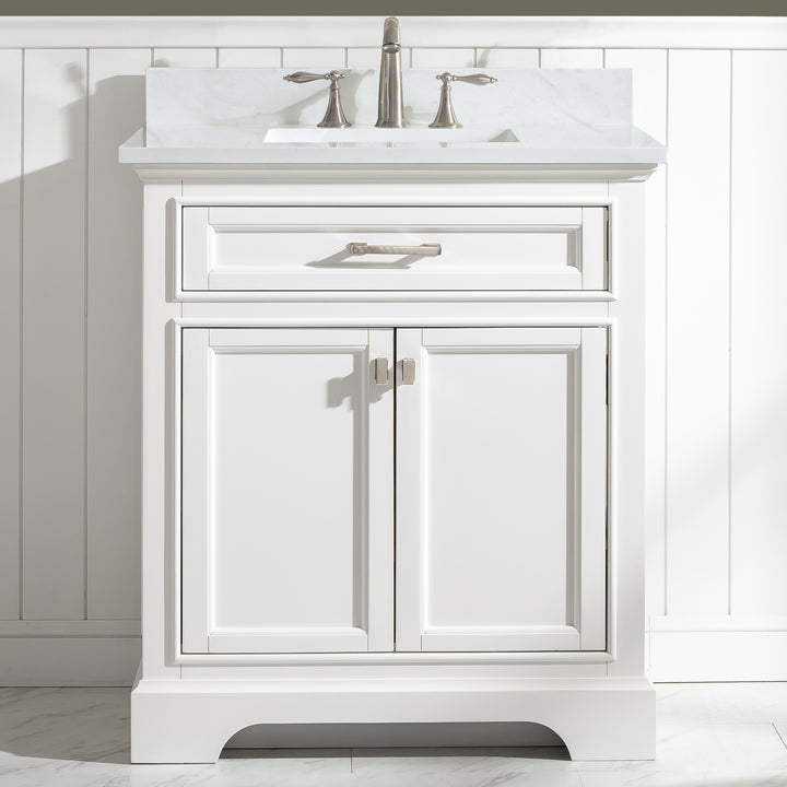 Milano 30" Single Sink Vanity with White Quartz Top - Design Element Bath Kitchen - Bathroom Vanity - White with Silver Satin Hardware