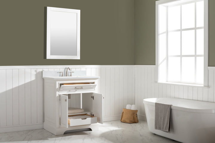 Milano 30" Single Sink Vanity with White Quartz Top - Design Element Bath Kitchen - Bathroom Vanity - White with Silver Satin Hardware