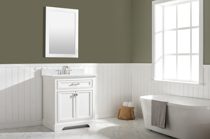 Milano 30" Single Sink Vanity with White Quartz Top - Design Element Bath Kitchen - Bathroom Vanity - White with Silver Satin Hardware