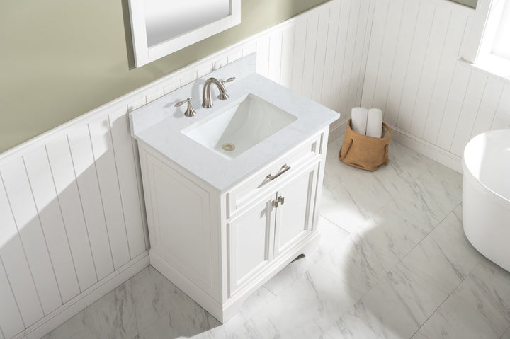 Milano 30" Single Sink Vanity with White Quartz Top - Design Element Bath Kitchen - Bathroom Vanity - White with Silver Satin Hardware