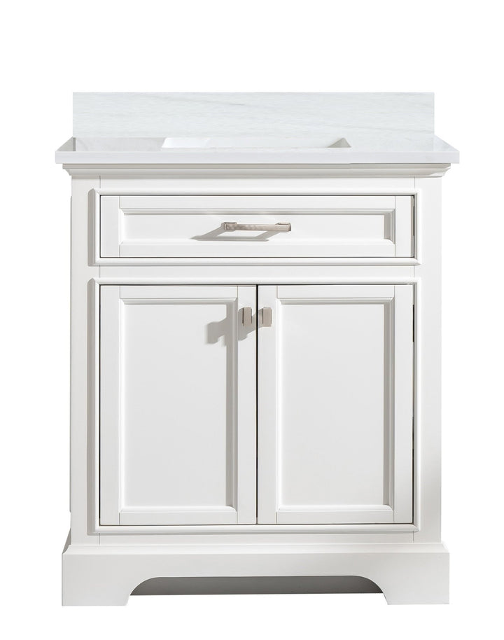 Milano 30" Single Sink Vanity with White Quartz Top - Design Element Bath Kitchen - Bathroom Vanity - White with Silver Satin Hardware