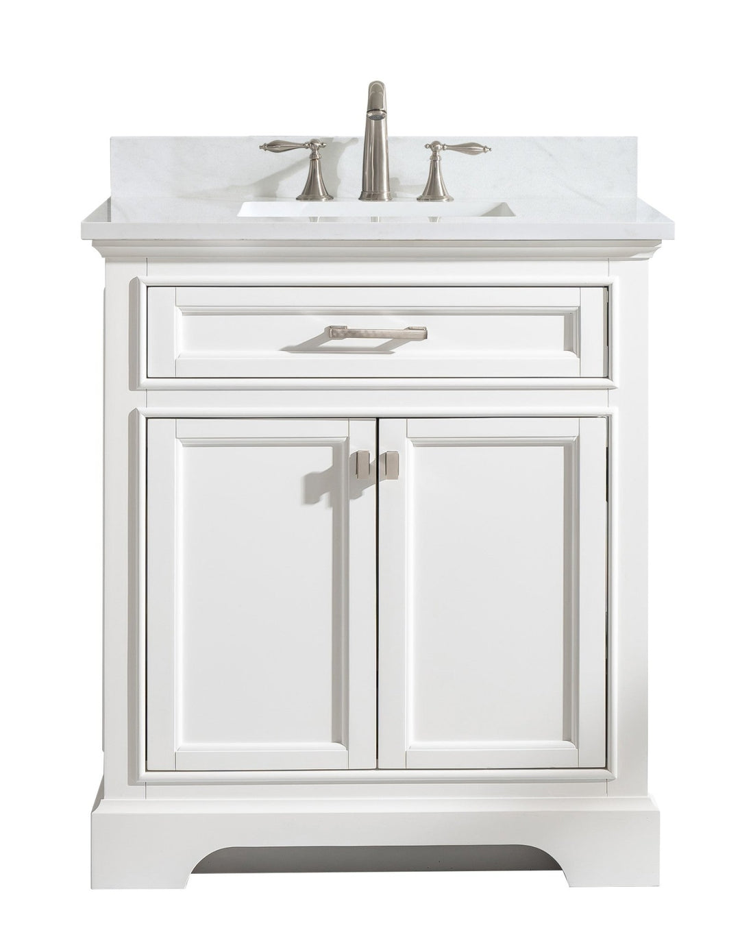 Milano 30" Single Sink Vanity with White Quartz Top - Design Element Bath Kitchen - Bathroom Vanity - White with Silver Satin Hardware