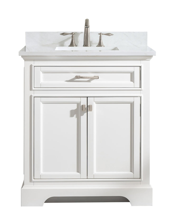 Milano 30" Single Sink Vanity with White Quartz Top - Design Element Bath Kitchen - Bathroom Vanity - White with Silver Satin Hardware