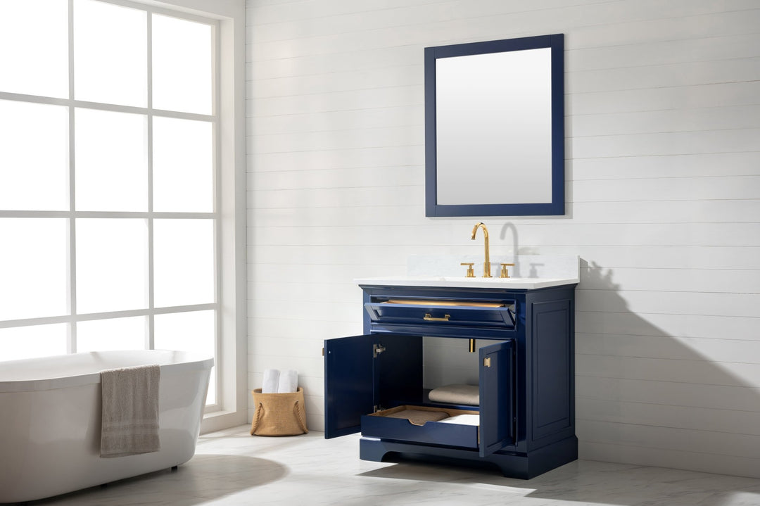 Milano 36" Single Sink Vanity with White Quartz Top - Design Element Bath Kitchen - Bathroom Vanity - Navy with Satin Gold Hardware