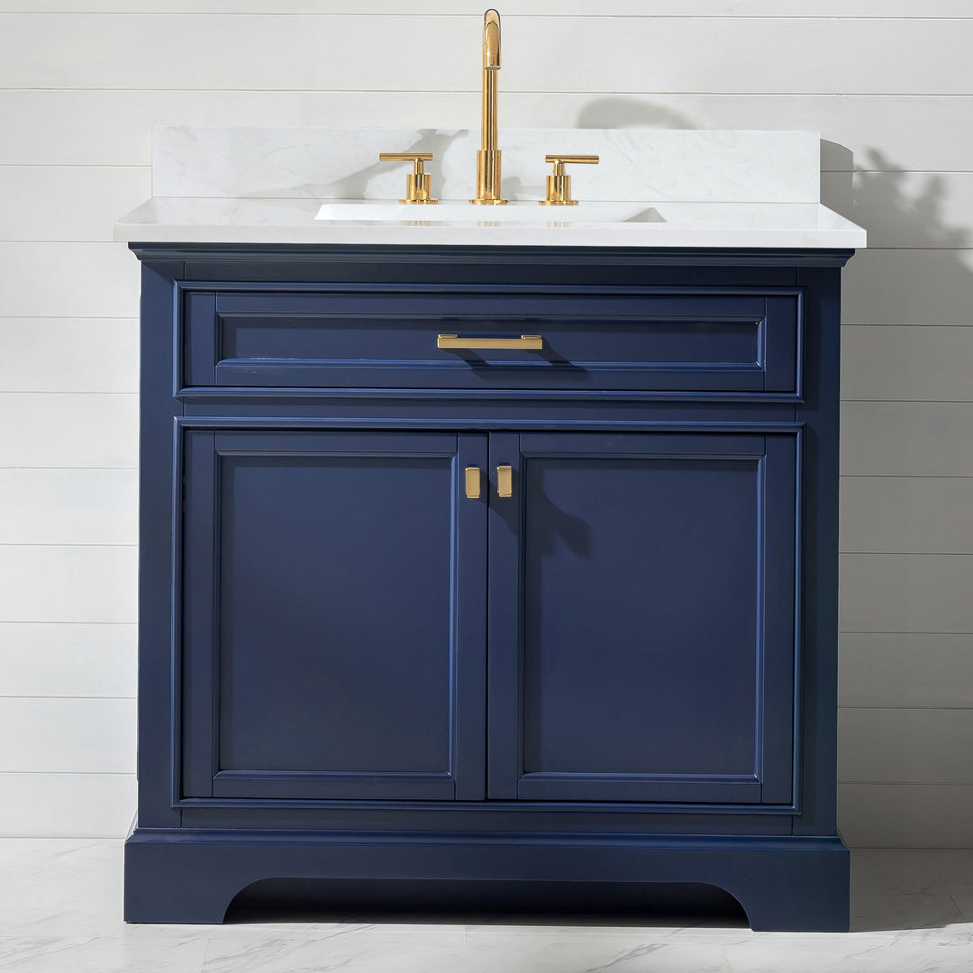 Milano 36" Single Sink Vanity with White Quartz Top - Design Element Bath Kitchen - Bathroom Vanity - Navy with Satin Gold Hardware