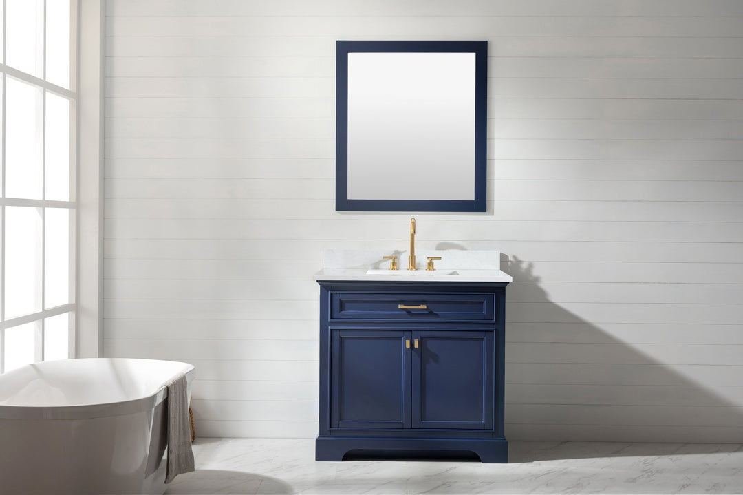 Milano 36" Single Sink Vanity with White Quartz Top - Design Element Bath Kitchen - Bathroom Vanity - Navy with Satin Gold Hardware