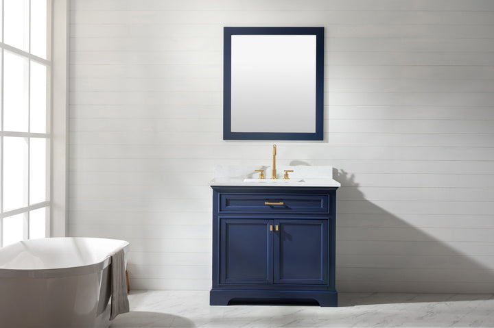 Milano 36" Single Sink Vanity with White Quartz Top - Design Element Bath Kitchen - Bathroom Vanity - Navy with Satin Gold Hardware