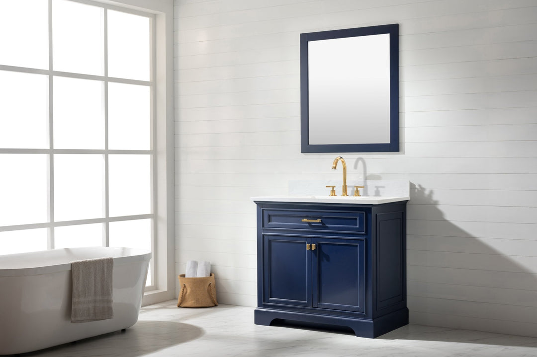 Milano 36" Single Sink Vanity with White Quartz Top - Design Element Bath Kitchen - Bathroom Vanity - Navy with Satin Gold Hardware