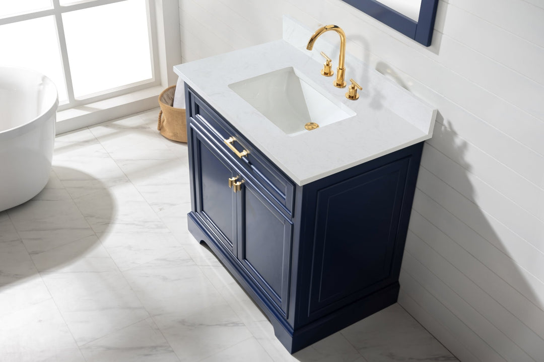 Milano 36" Single Sink Vanity with White Quartz Top - Design Element Bath Kitchen - Bathroom Vanity - Navy with Satin Gold Hardware