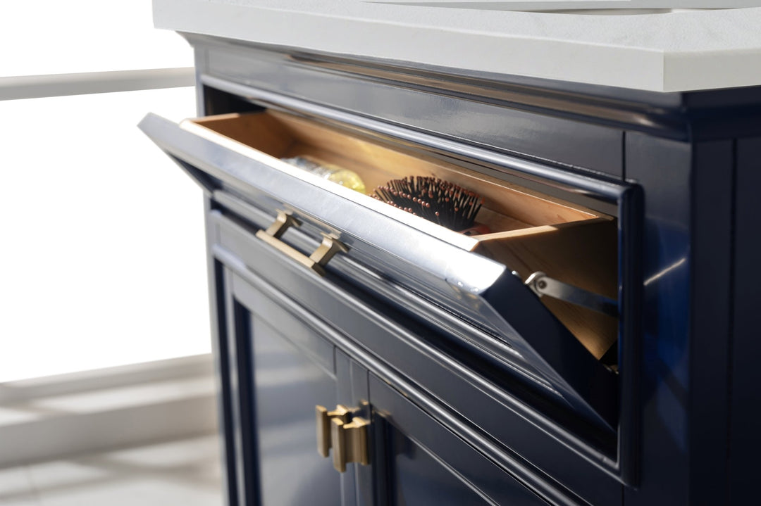 Milano 36" Single Sink Vanity with White Quartz Top - Design Element Bath Kitchen - Bathroom Vanity - Navy with Satin Gold Hardware