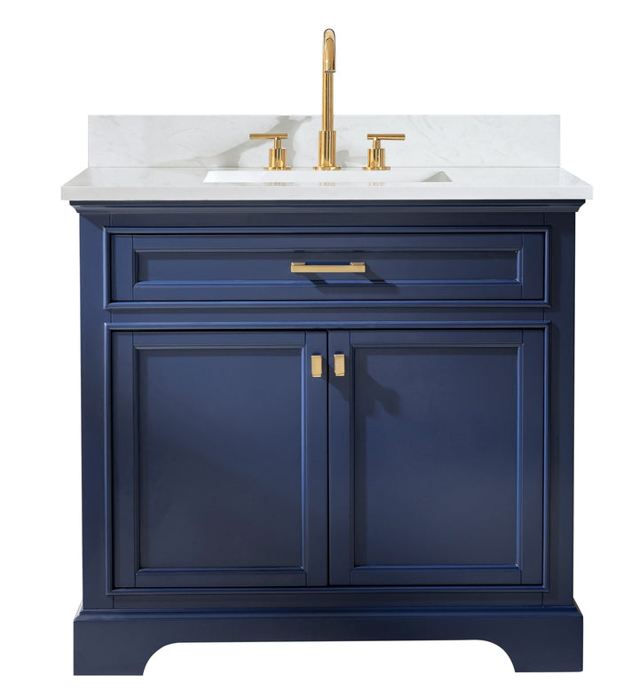 Milano 36" Single Sink Vanity with White Quartz Top - Design Element Bath Kitchen - Bathroom Vanity - Navy with Satin Gold Hardware