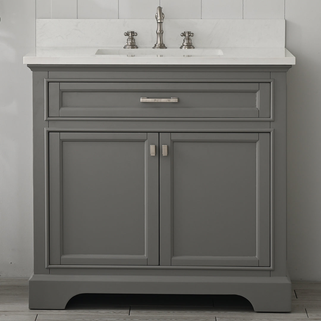 Milano 36" Single Sink Vanity with White Quartz Top - Design Element Bath Kitchen - Bathroom Vanity - Navy with Satin Gold Hardware