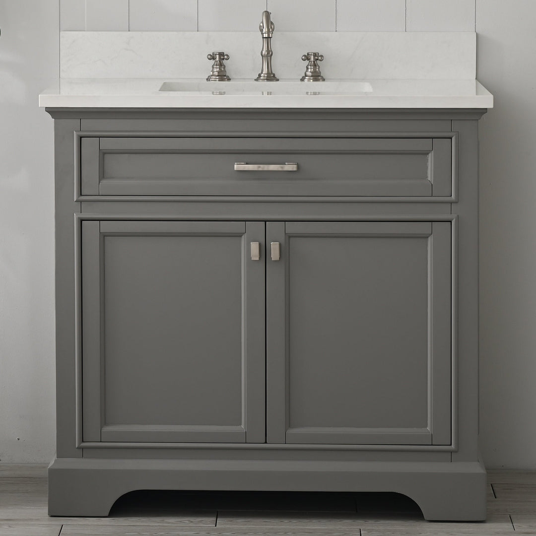 Milano 36" Single Sink Vanity with White Quartz Top - Design Element Bath Kitchen - Bathroom Vanity - Gray with Silver Satin Hardware