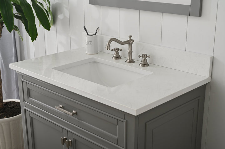 Milano 36" Single Sink Vanity with White Quartz Top - Design Element Bath Kitchen - Bathroom Vanity - Navy with Satin Gold Hardware