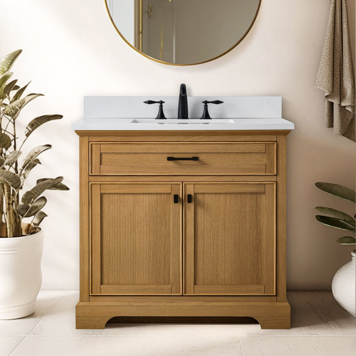 Milano 36" Single Sink Vanity with White Quartz Top - Design Element Bath Kitchen - Bathroom Vanity - Navy with Satin Gold Hardware