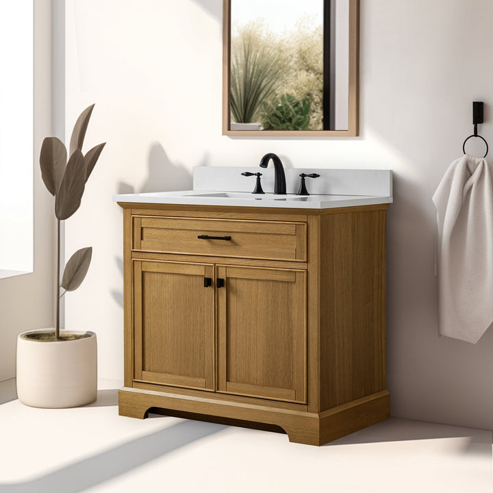 Milano 36" Single Sink Vanity with White Quartz Top - Design Element Bath Kitchen - Bathroom Vanity - Navy with Satin Gold Hardware