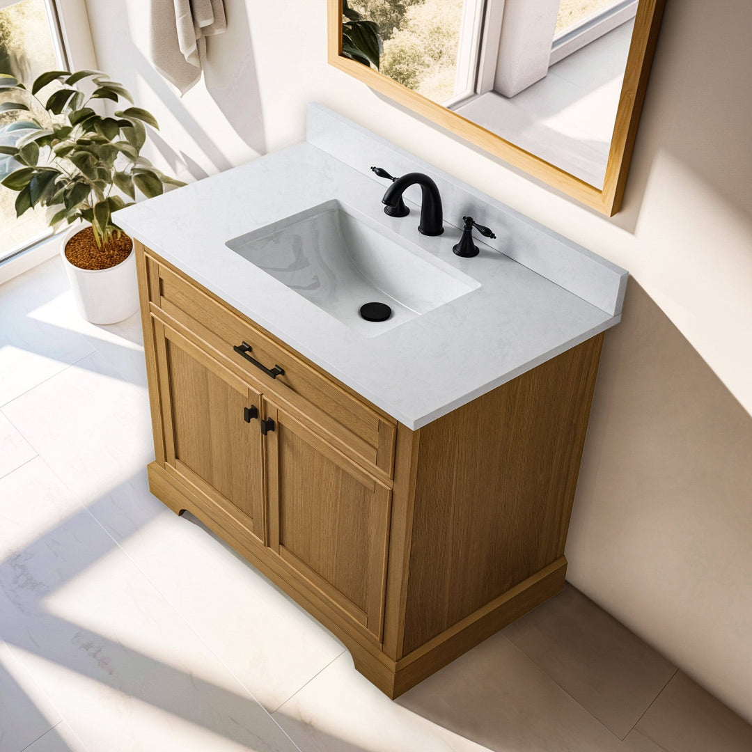 Milano 36" Single Sink Vanity with White Quartz Top - Design Element Bath Kitchen - Bathroom Vanity - Navy with Satin Gold Hardware