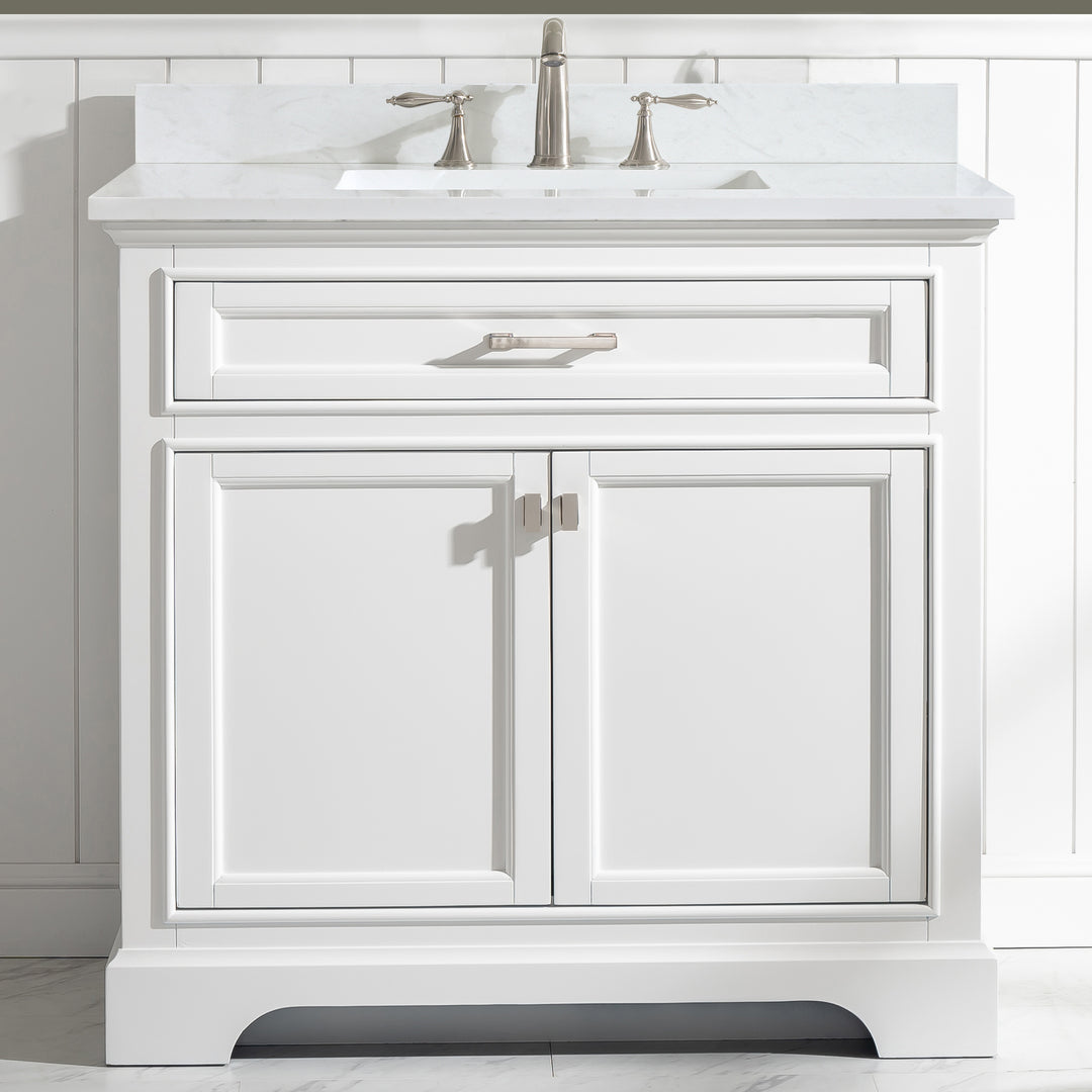 Milano 36" Single Sink Vanity with White Quartz Top - Design Element Bath Kitchen - Bathroom Vanity - Navy with Satin Gold Hardware