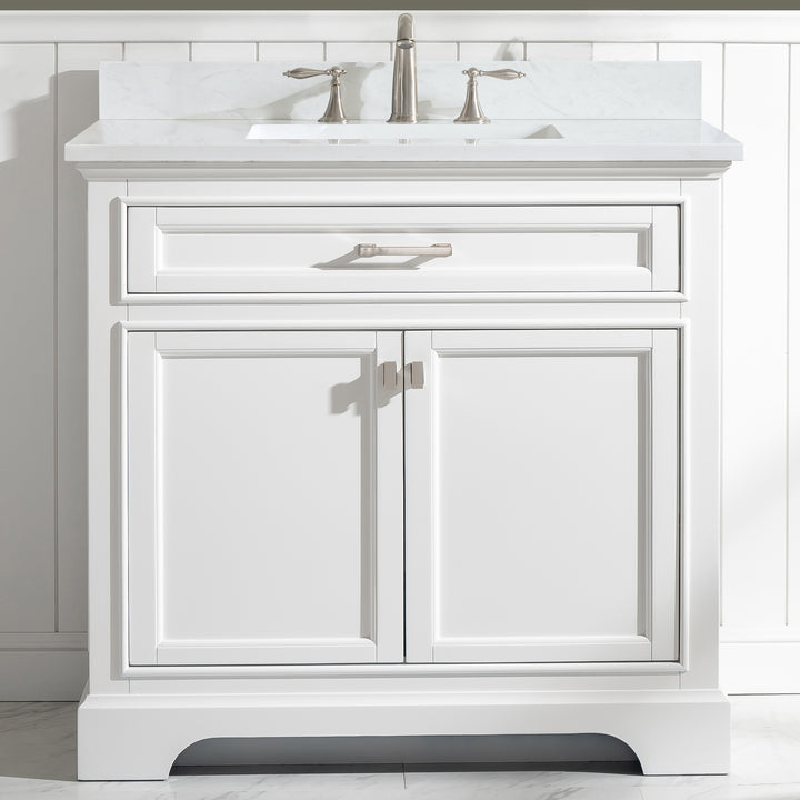 Milano 36" Single Sink Vanity with White Quartz Top - Design Element Bath Kitchen - Bathroom Vanity - Navy with Satin Gold Hardware