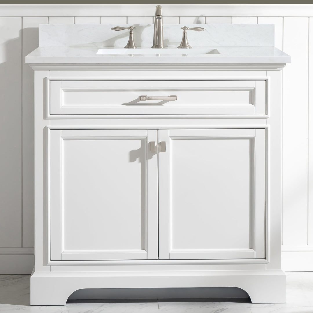 Milano 36" Single Sink Vanity with White Quartz Top - Design Element Bath Kitchen - Bathroom Vanity - White with Silver Satin Hardware