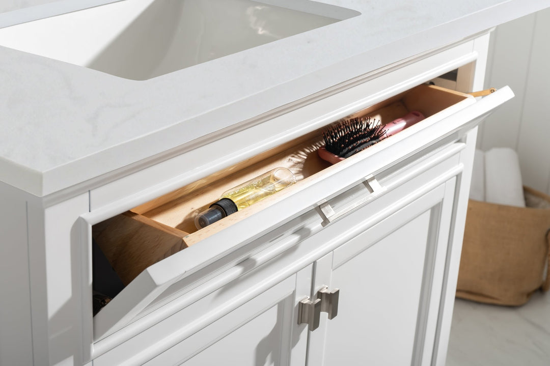 Milano 36" Single Sink Vanity with White Quartz Top - Design Element Bath Kitchen - Bathroom Vanity - Navy with Satin Gold Hardware