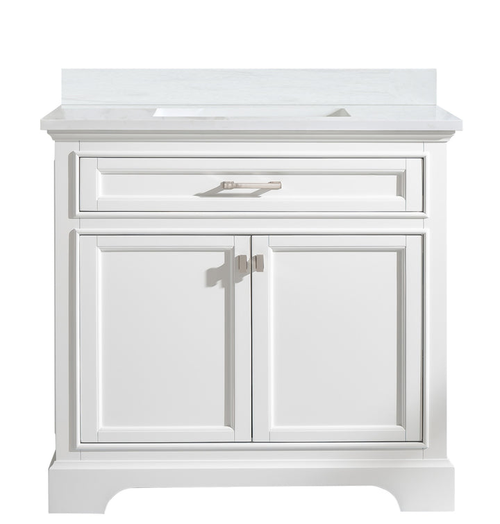Milano 36" Single Sink Vanity with White Quartz Top - Design Element Bath Kitchen - Bathroom Vanity - Navy with Satin Gold Hardware
