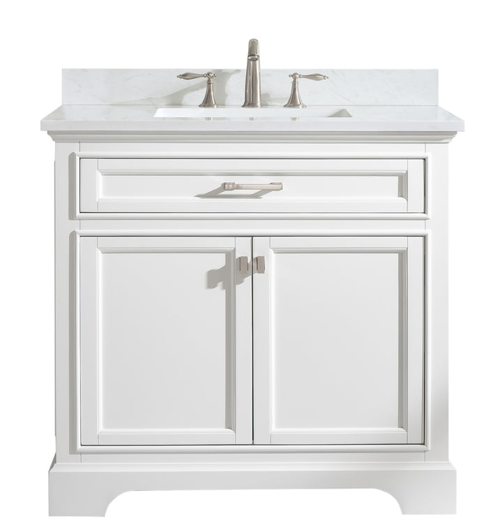 Milano 36" Single Sink Vanity with White Quartz Top - Design Element Bath Kitchen - Bathroom Vanity - Navy with Satin Gold Hardware