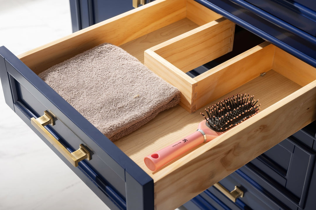 Milano 48" Single Sink Vanity with White Quartz Top - Design Element Bath Kitchen - Bathroom Vanity - Navy with Satin Gold Hardware