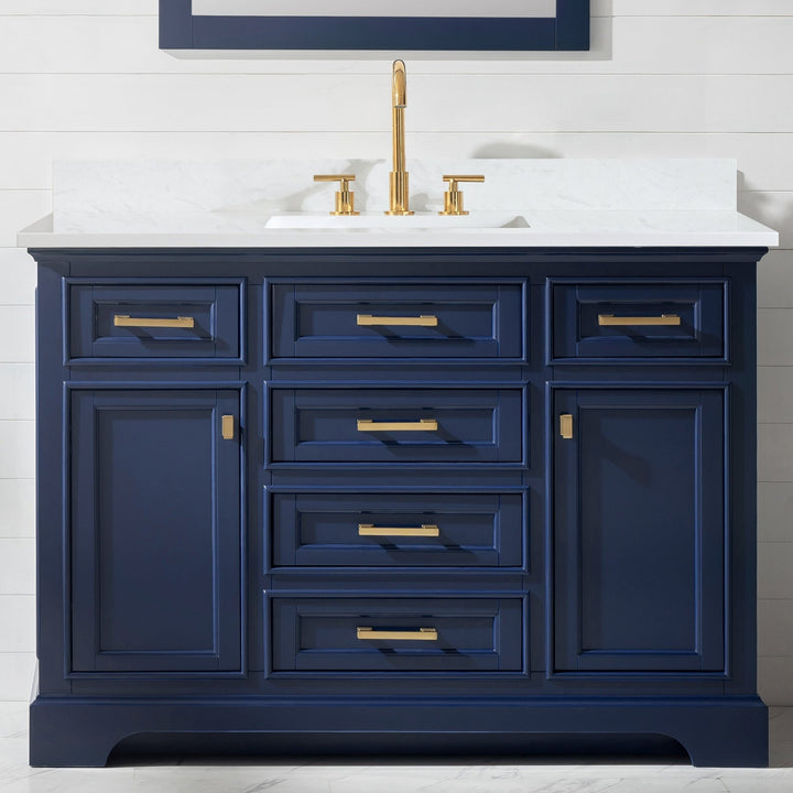 Milano 48" Single Sink Vanity with White Quartz Top - Design Element Bath Kitchen - Bathroom Vanity - Navy with Satin Gold Hardware