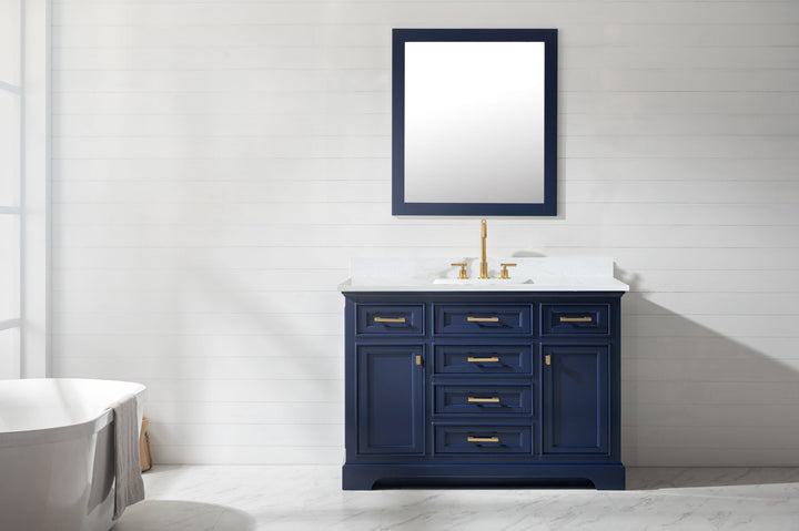 Milano 48" Single Sink Vanity with White Quartz Top - Design Element Bath Kitchen - Bathroom Vanity - Navy with Satin Gold Hardware