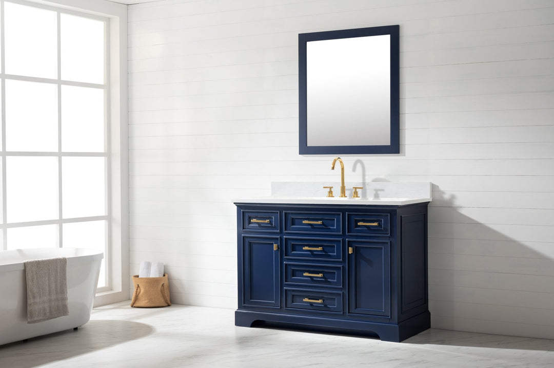 Milano 48" Single Sink Vanity with White Quartz Top - Design Element Bath Kitchen - Bathroom Vanity - Navy with Satin Gold Hardware