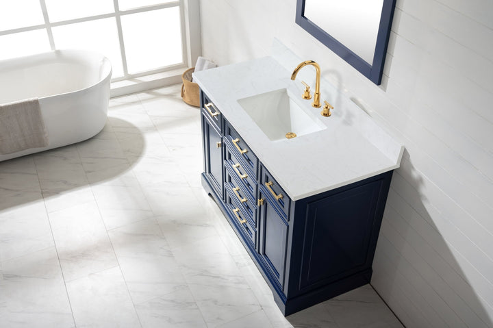 Milano 48" Single Sink Vanity with White Quartz Top - Design Element Bath Kitchen - Bathroom Vanity - Navy with Satin Gold Hardware