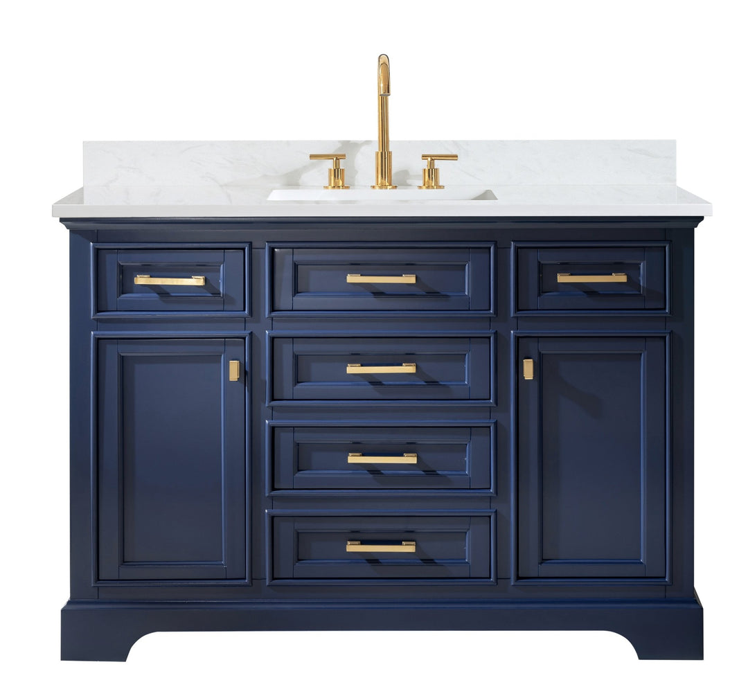Milano 48" Single Sink Vanity with White Quartz Top - Design Element Bath Kitchen - Bathroom Vanity - Navy with Satin Gold Hardware
