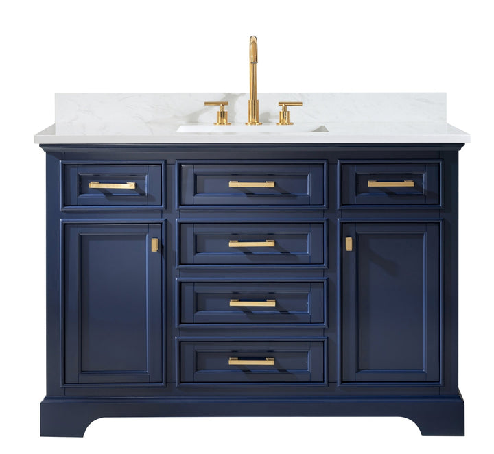 Milano 48" Single Sink Vanity with White Quartz Top - Design Element Bath Kitchen - Bathroom Vanity - Navy with Satin Gold Hardware