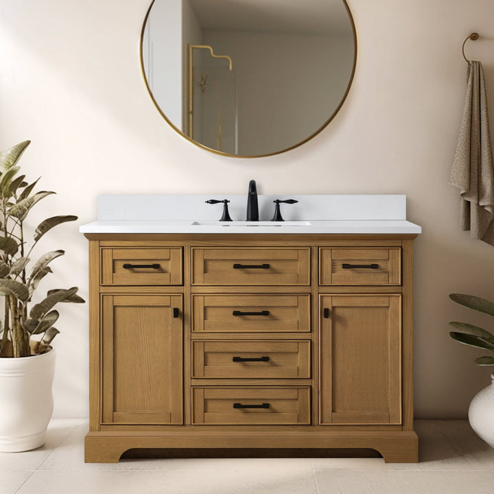 Milano 48" Single Sink Vanity with White Quartz Top - Design Element Bath Kitchen - Bathroom Vanity - Heritage Oak with Matte Black Hardware