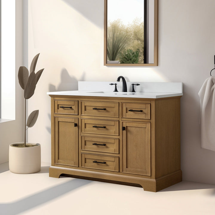 Milano 48" Single Sink Vanity with White Quartz Top - Design Element Bath Kitchen - Bathroom Vanity - Navy with Satin Gold Hardware