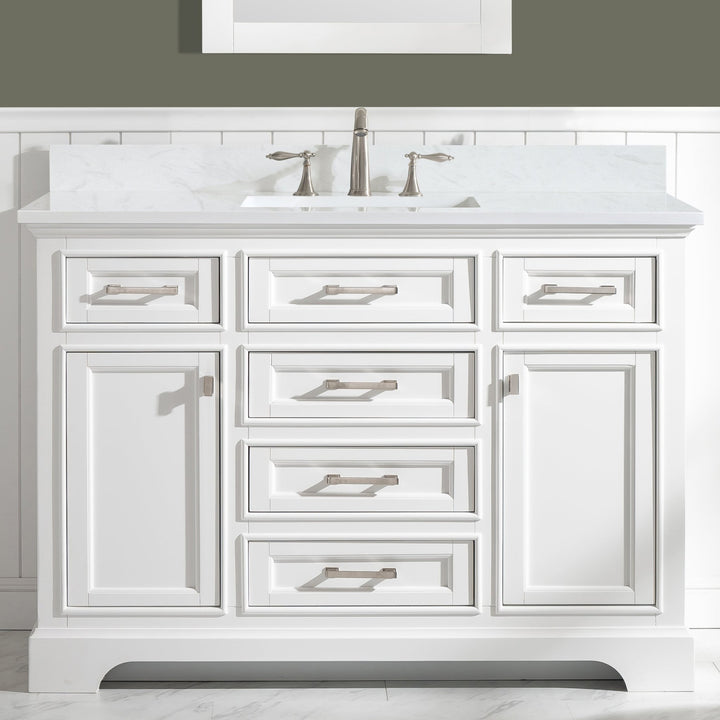 Milano 48" Single Sink Vanity with White Quartz Top - Design Element Bath Kitchen - Bathroom Vanity - White with Silver Satin Hardware