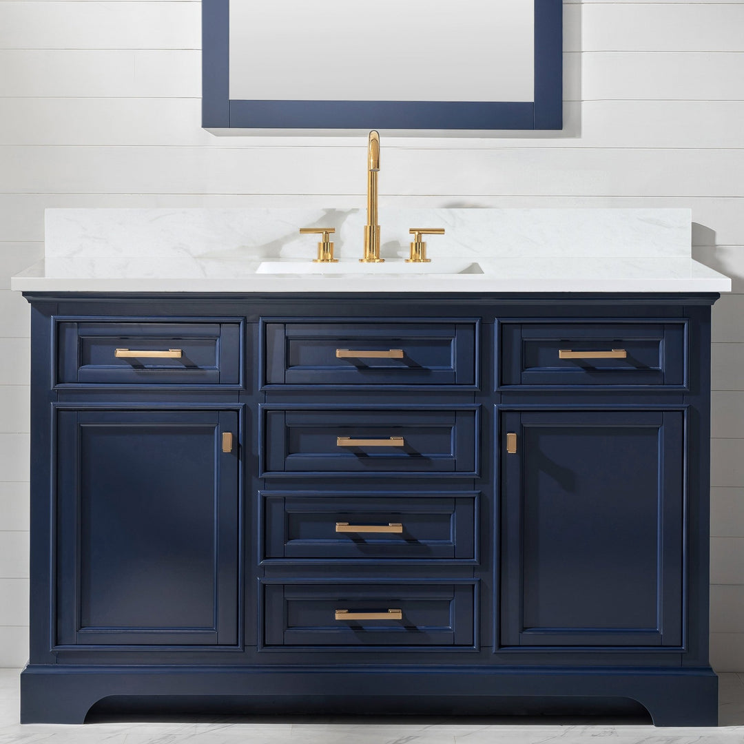 Milano 54" Single Sink Vanity with White Quartz Top - Design Element Bath Kitchen - Bathroom Vanity - Navy with Satin Gold Hardware