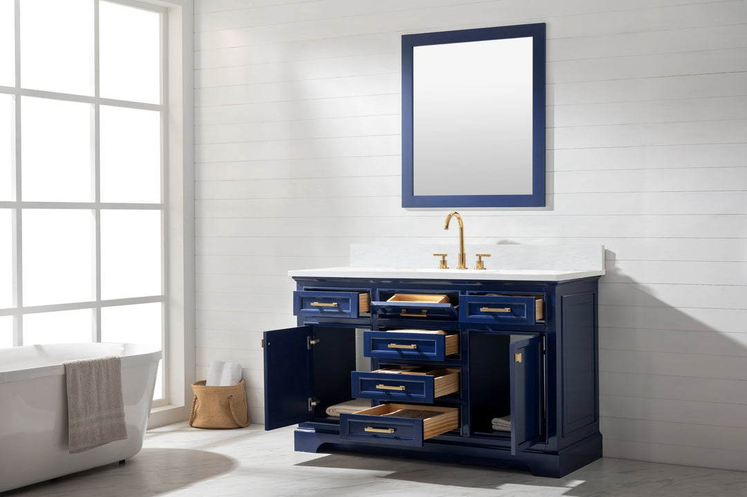 Milano 54" Single Sink Vanity with White Quartz Top - Design Element Bath Kitchen - Bathroom Vanity - Navy with Satin Gold Hardware