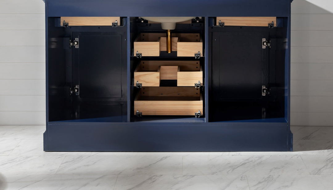 Milano 54" Single Sink Vanity with White Quartz Top - Design Element Bath Kitchen - Bathroom Vanity - Navy with Satin Gold Hardware