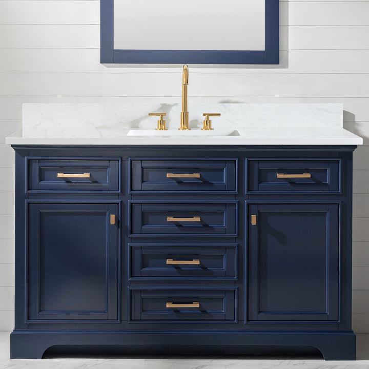 Milano 54" Single Sink Vanity with White Quartz Top - Design Element Bath Kitchen - Bathroom Vanity - Navy with Satin Gold Hardware