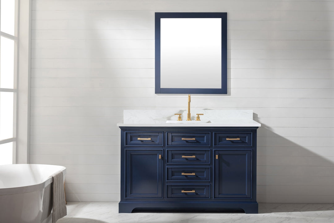 Milano 54" Single Sink Vanity with White Quartz Top - Design Element Bath Kitchen - Bathroom Vanity - Navy with Satin Gold Hardware
