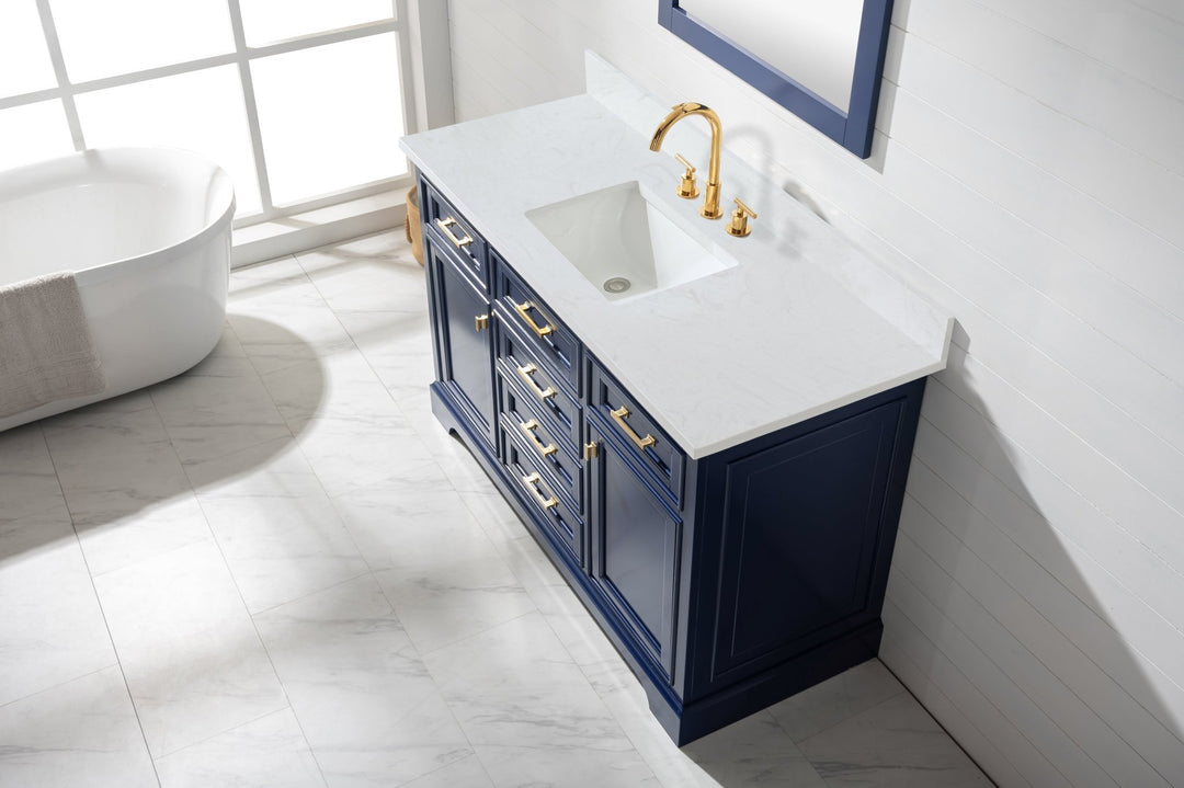 Milano 54" Single Sink Vanity with White Quartz Top - Design Element Bath Kitchen - Bathroom Vanity - Navy with Satin Gold Hardware