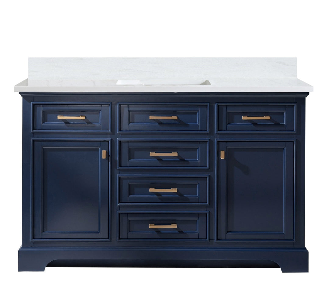 Milano 54" Single Sink Vanity with White Quartz Top - Design Element Bath Kitchen - Bathroom Vanity - Navy with Satin Gold Hardware