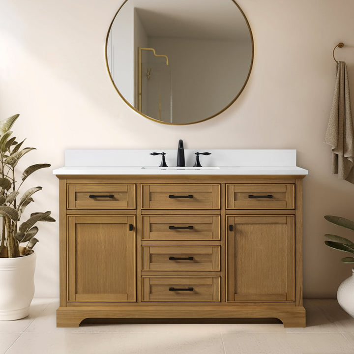Milano 54" Single Sink Vanity with White Quartz Top - Design Element Bath Kitchen - Bathroom Vanity - Navy with Satin Gold Hardware
