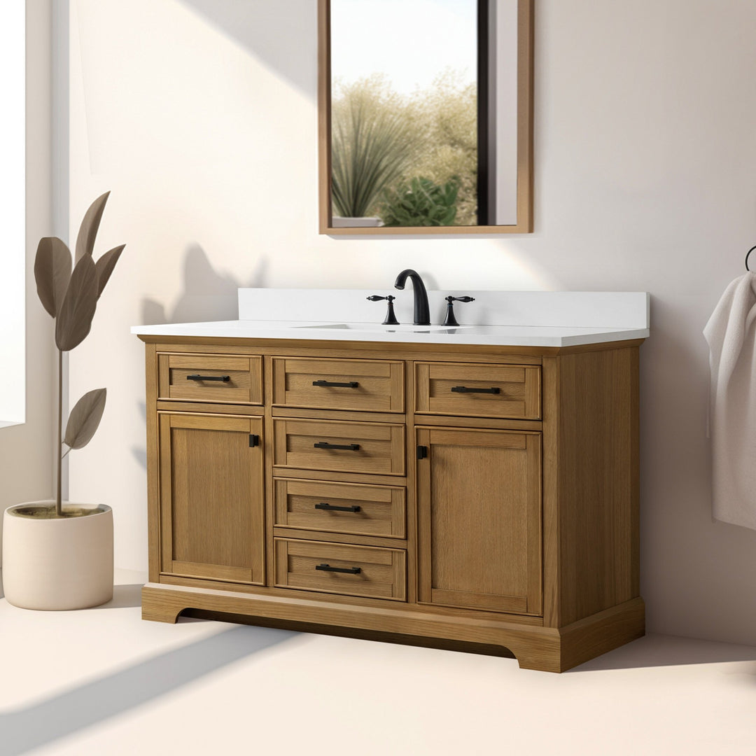 Milano 54" Single Sink Vanity with White Quartz Top - Design Element Bath Kitchen - Bathroom Vanity - Navy with Satin Gold Hardware