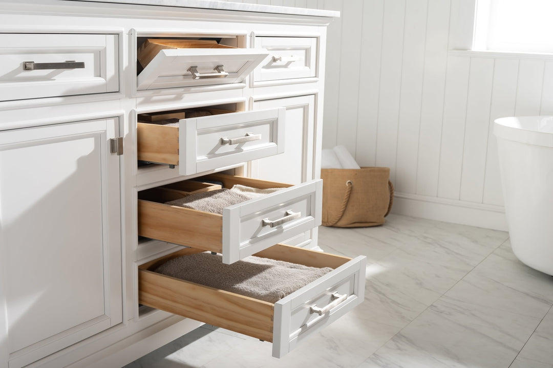 Milano 54" Single Sink Vanity with White Quartz Top - Design Element Bath Kitchen - Bathroom Vanity - Navy with Satin Gold Hardware