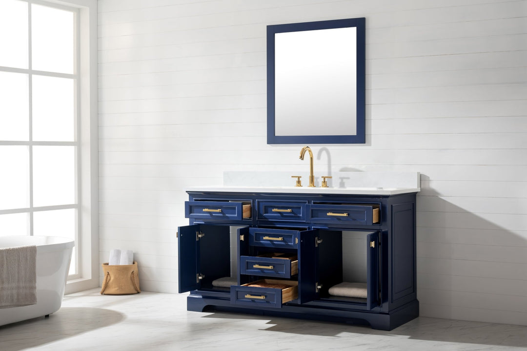 Milano 60" Single Sink Vanity with White Quartz Top - Design Element Bath Kitchen - Bathroom Vanity - Heritage Oak with Matte Black Hardware