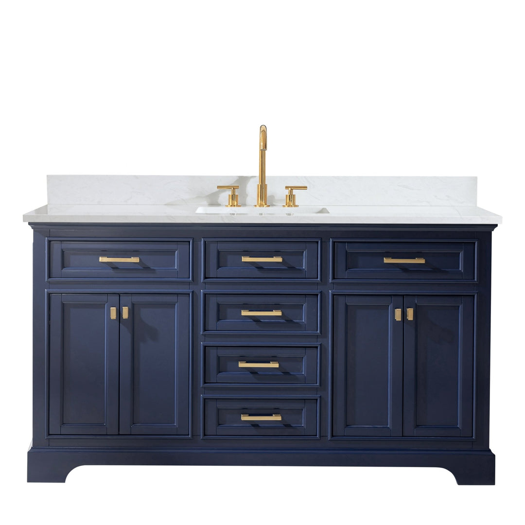 Milano 60" Single Sink Vanity with White Quartz Top - Design Element Bath Kitchen - Bathroom Vanity - Heritage Oak with Matte Black Hardware