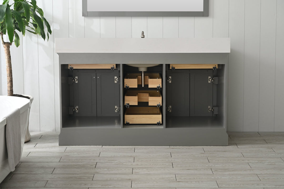 Milano 60" Single Sink Vanity with White Quartz Top - Design Element Bath Kitchen - Bathroom Vanity - Heritage Oak with Matte Black Hardware